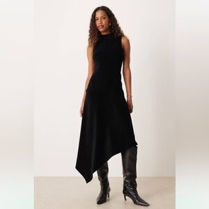 ASOS DESIGN corduroy high neck asymmetric hem midi dress in black